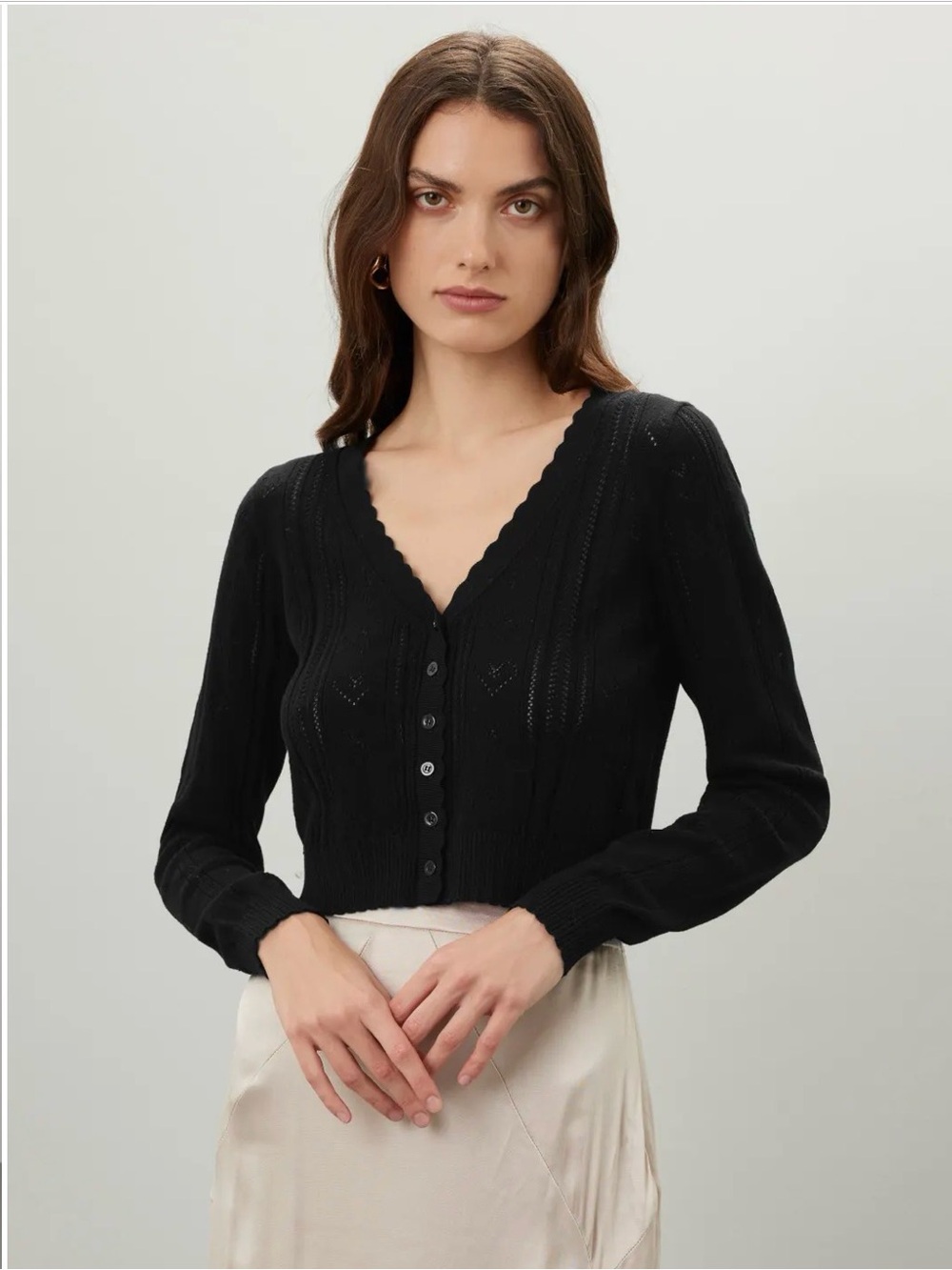 LoveShackFancy Black Scalloped V-Neck Button Cardigan